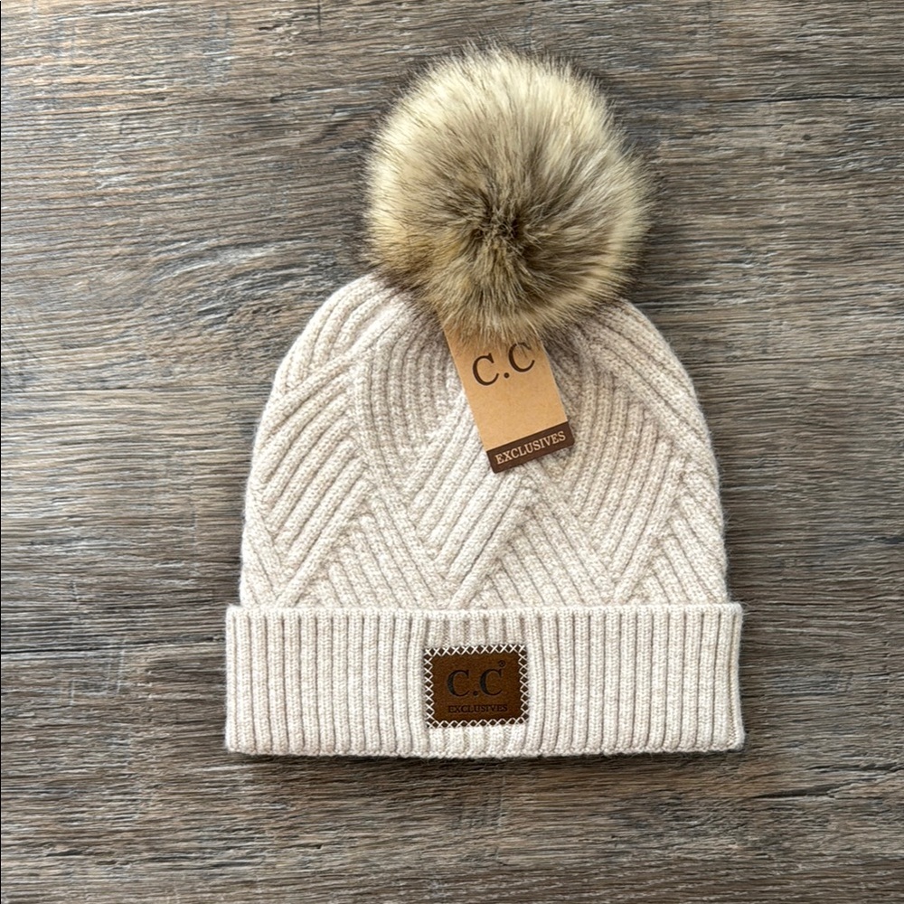 C.C Beige Knit Beanie with Faux Fur Pom